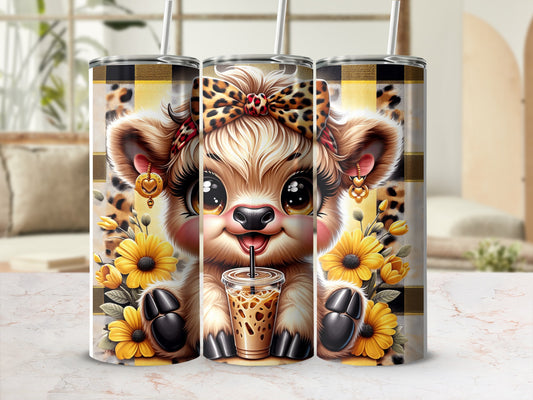 Cute cartoon bear with coffee, sunflowers, and plaid pattern tumbler.