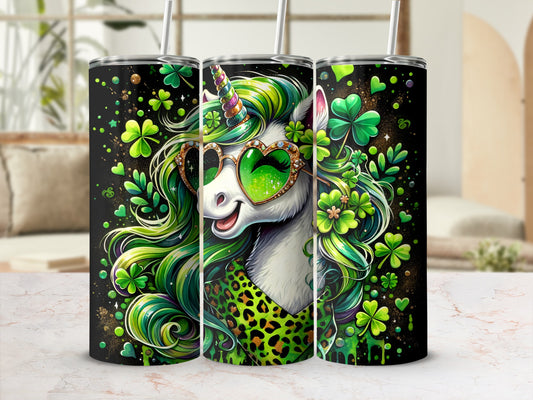 St. Patrick's Day unicorn tumbler with shamrocks and leopard print.