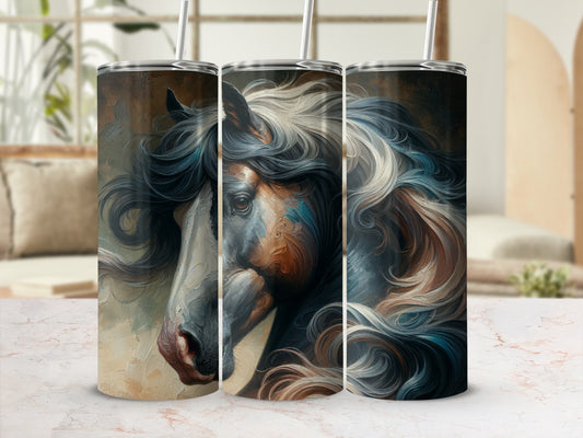 Three tumblers featuring a close-up oil painting of a horse's head.