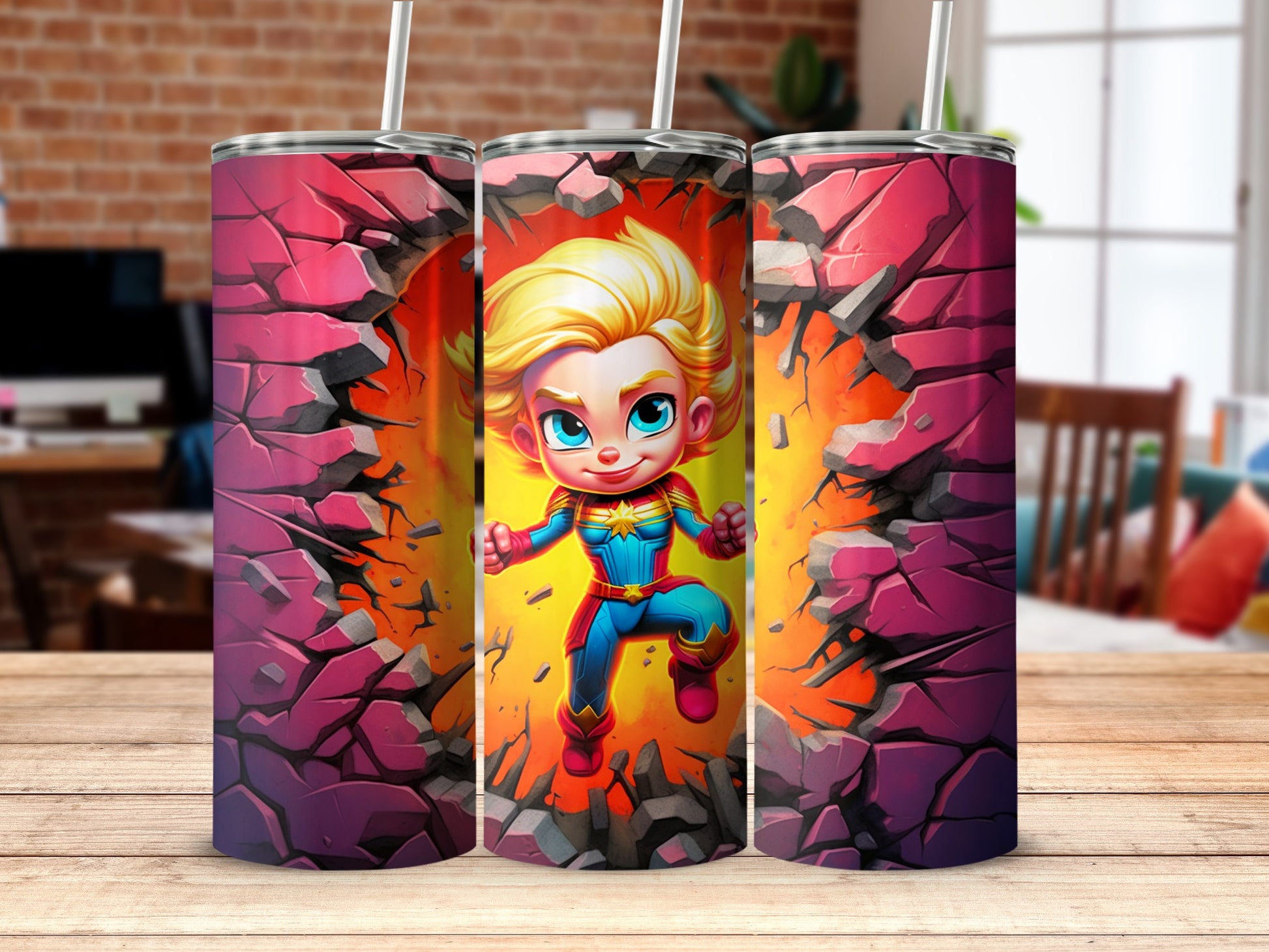 Cute Superhero Tumbler with Vivid Comic Background