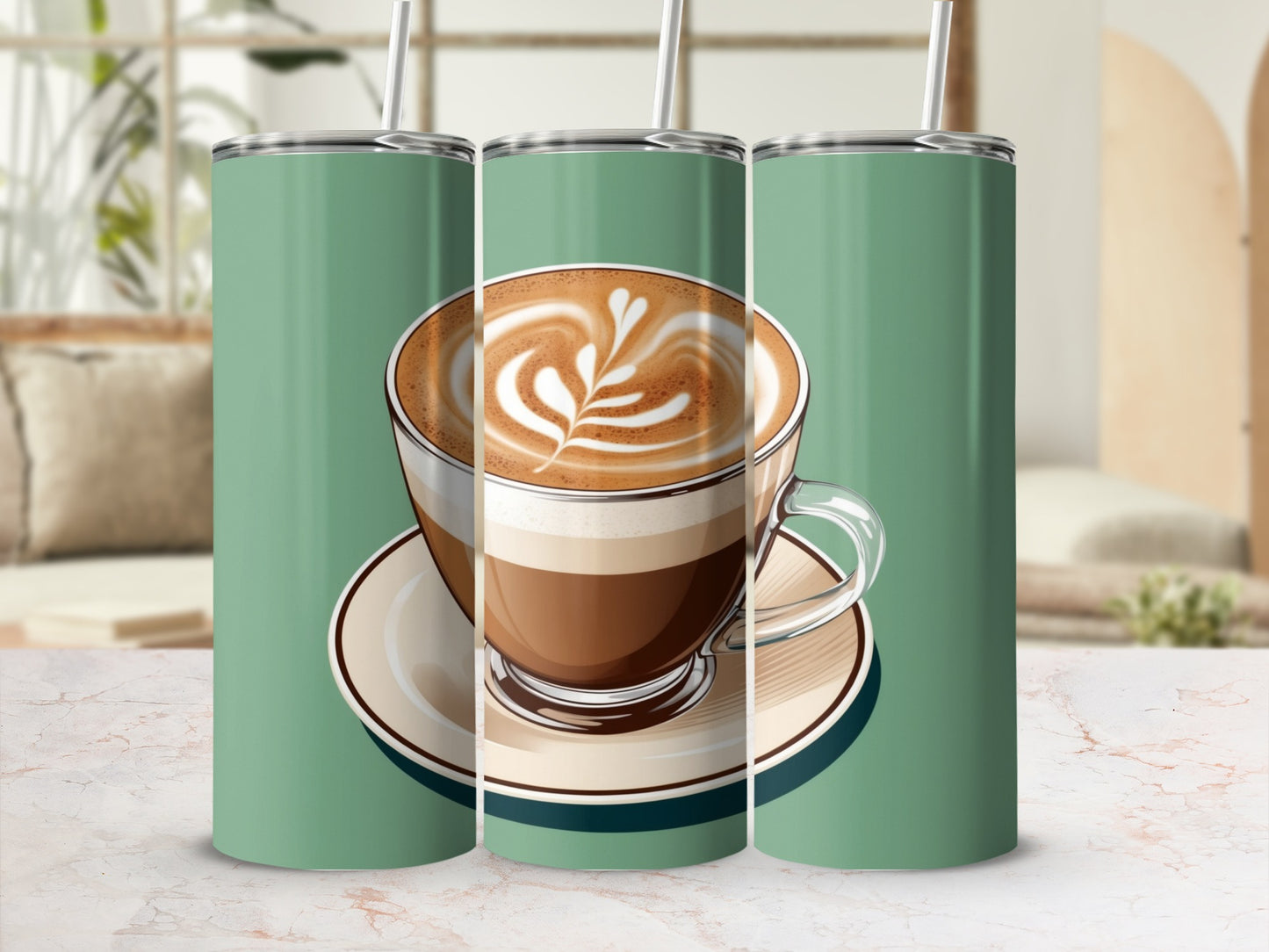 Latte art coffee in a mug on a saucer, against a teal background.