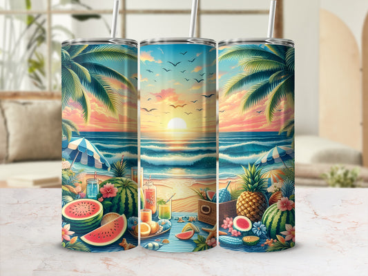 Three tumblers with a beach sunset design and fruit accents.