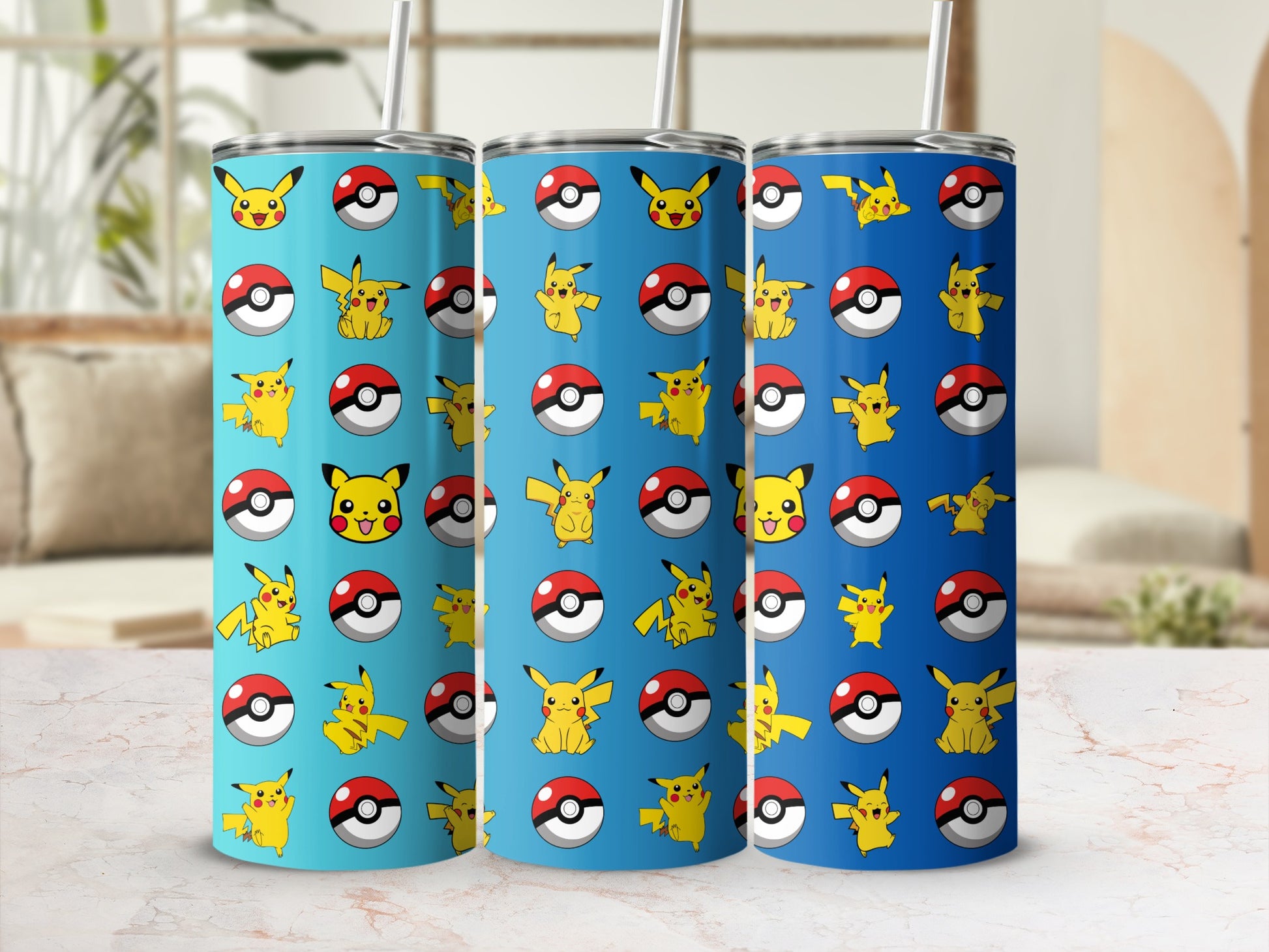 Colorful Pikachu and Pokeball Themed Tumbler Cups
