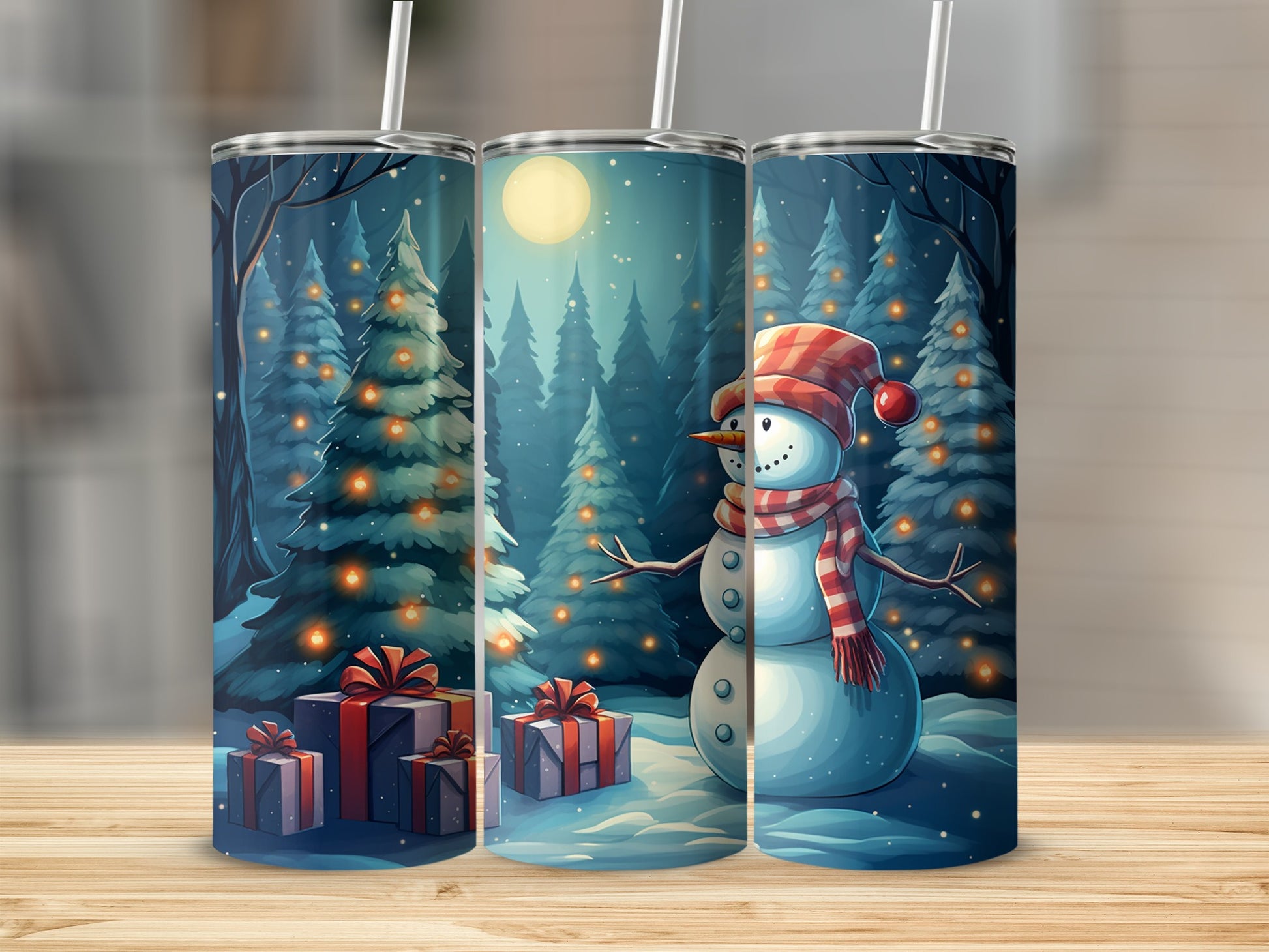 Festive Snowman and Christmas Trees tumbler design