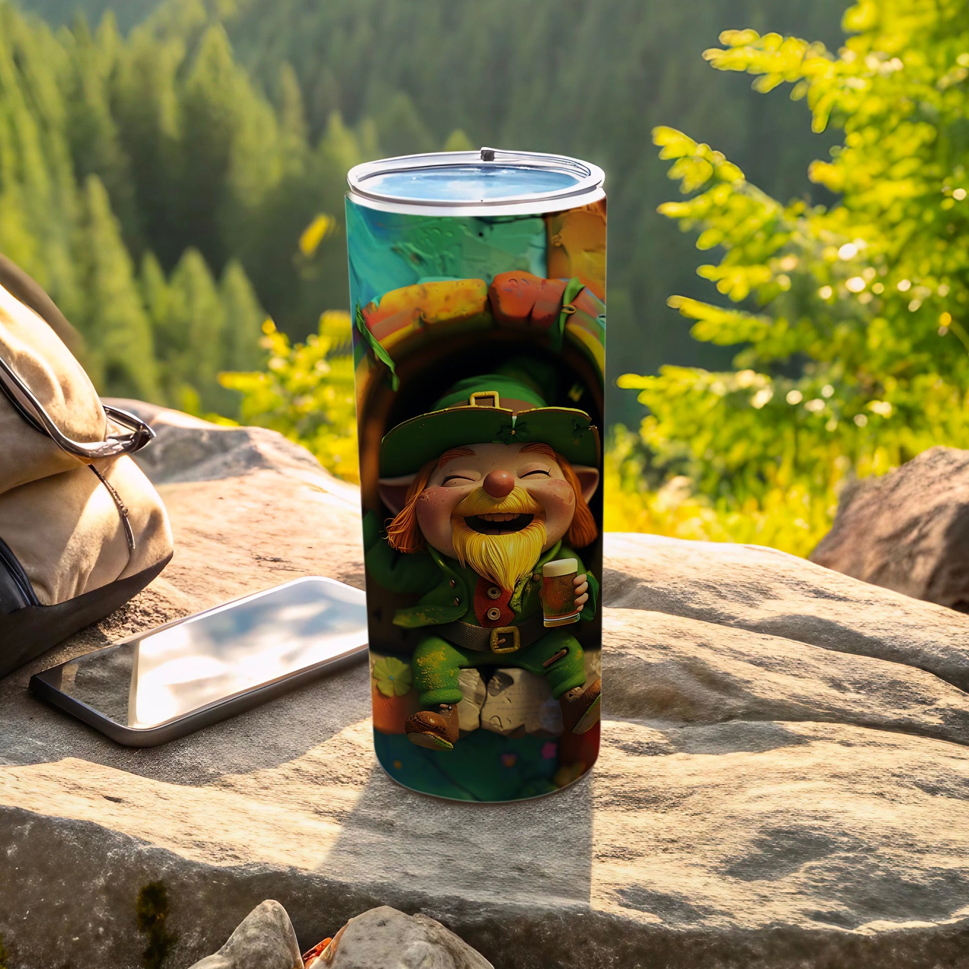 Green tumbler with a smiling leprechaun wearing a hat and holding a mug.