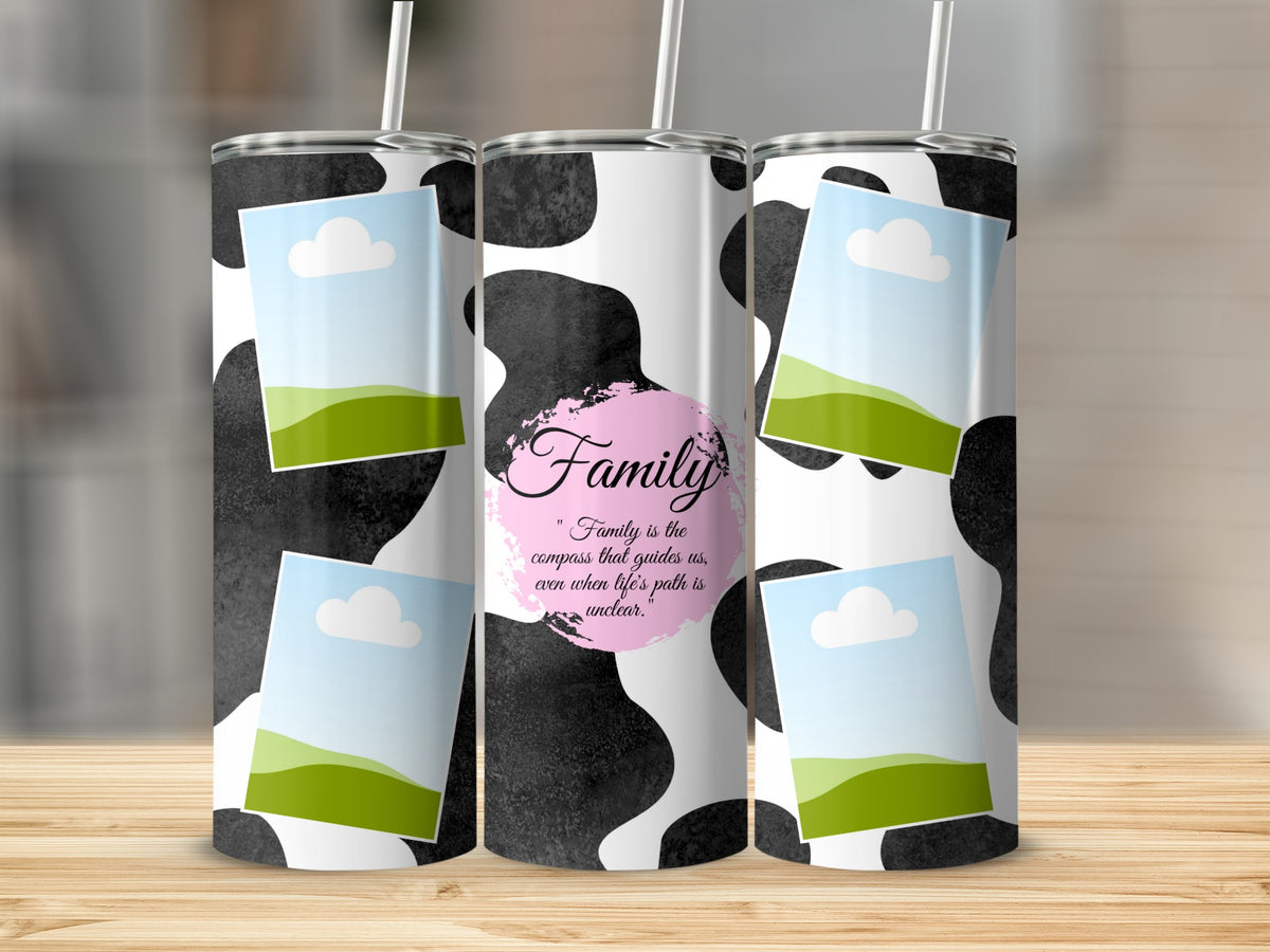 Tumblers with cow print, photo placeholders, and the text "Family is the compass that guides us, even when life's path is unclear."