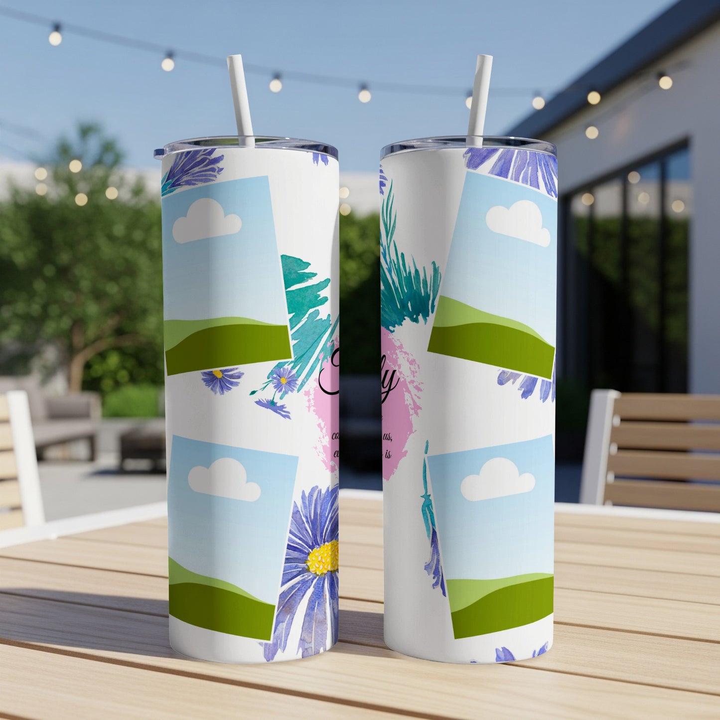 Two tumblers with a floral and landscape design, showing the text "Family".