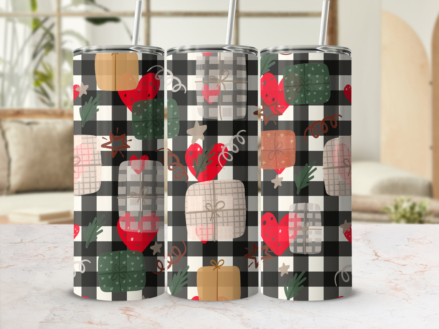 Three tumblers with a checkered pattern and heart gift box design.