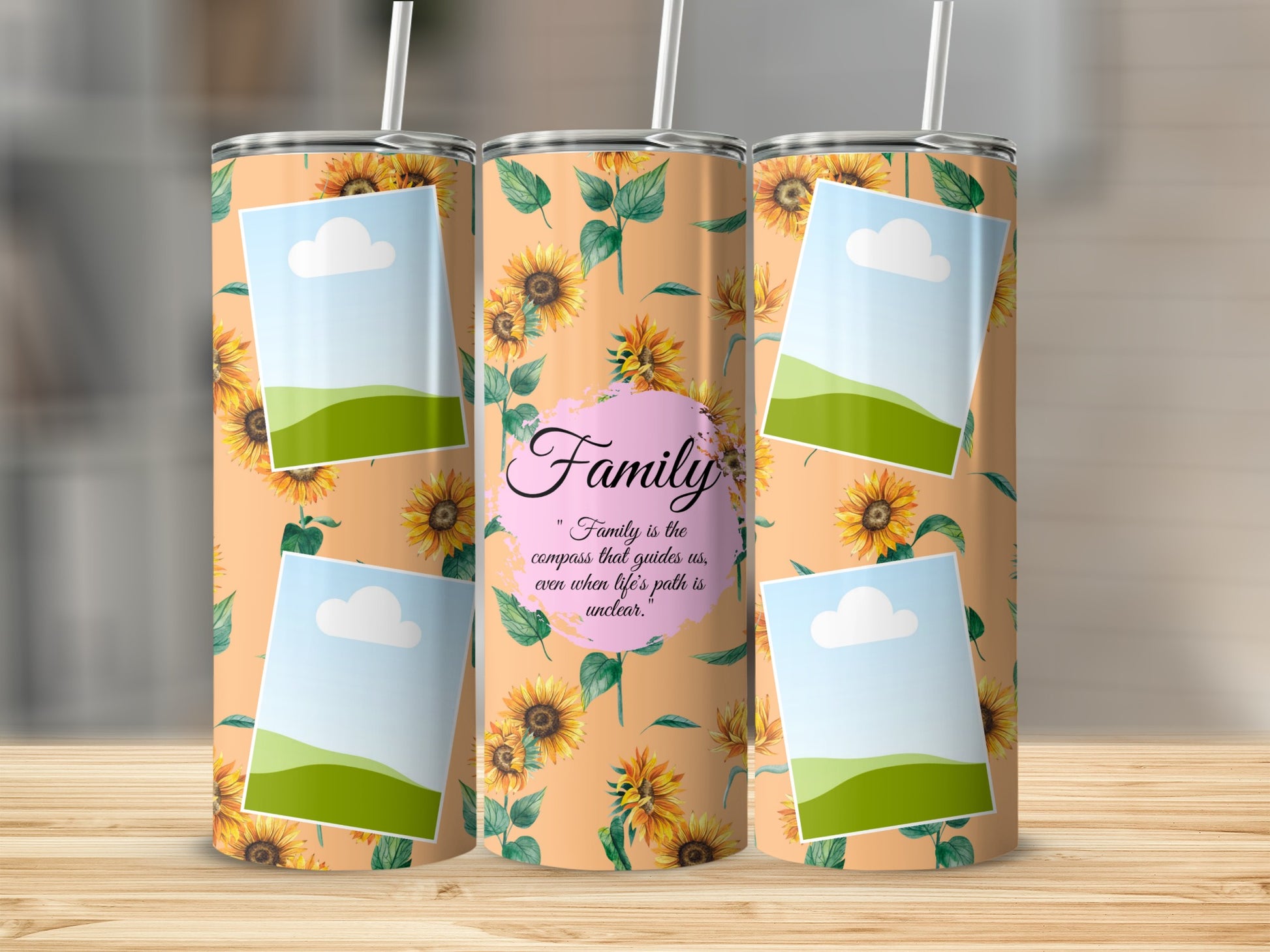 Tumbler with sunflower pattern, quote, and picture frames.