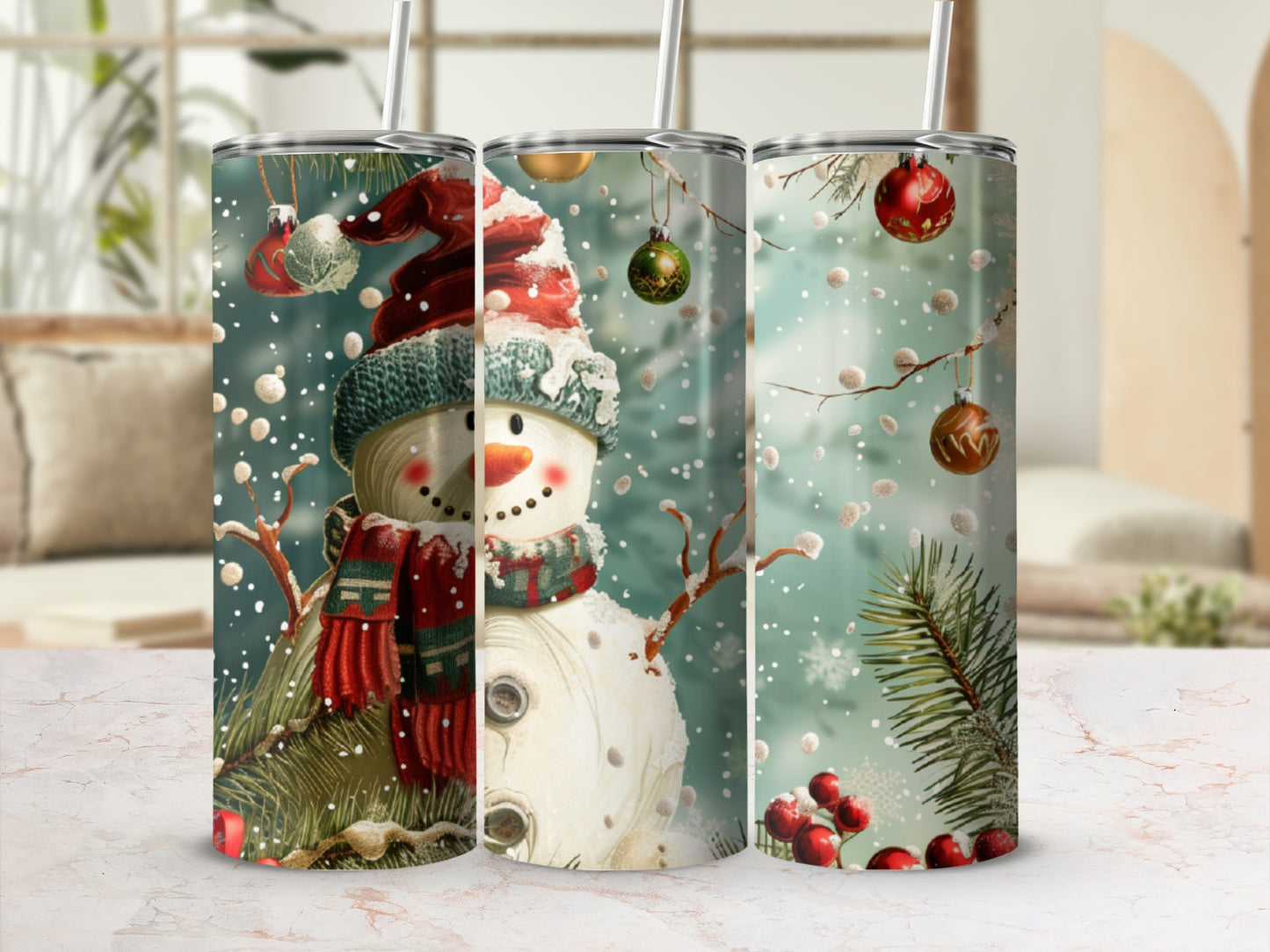 Christmas snowman tumbler with festive decorations and falling snow.