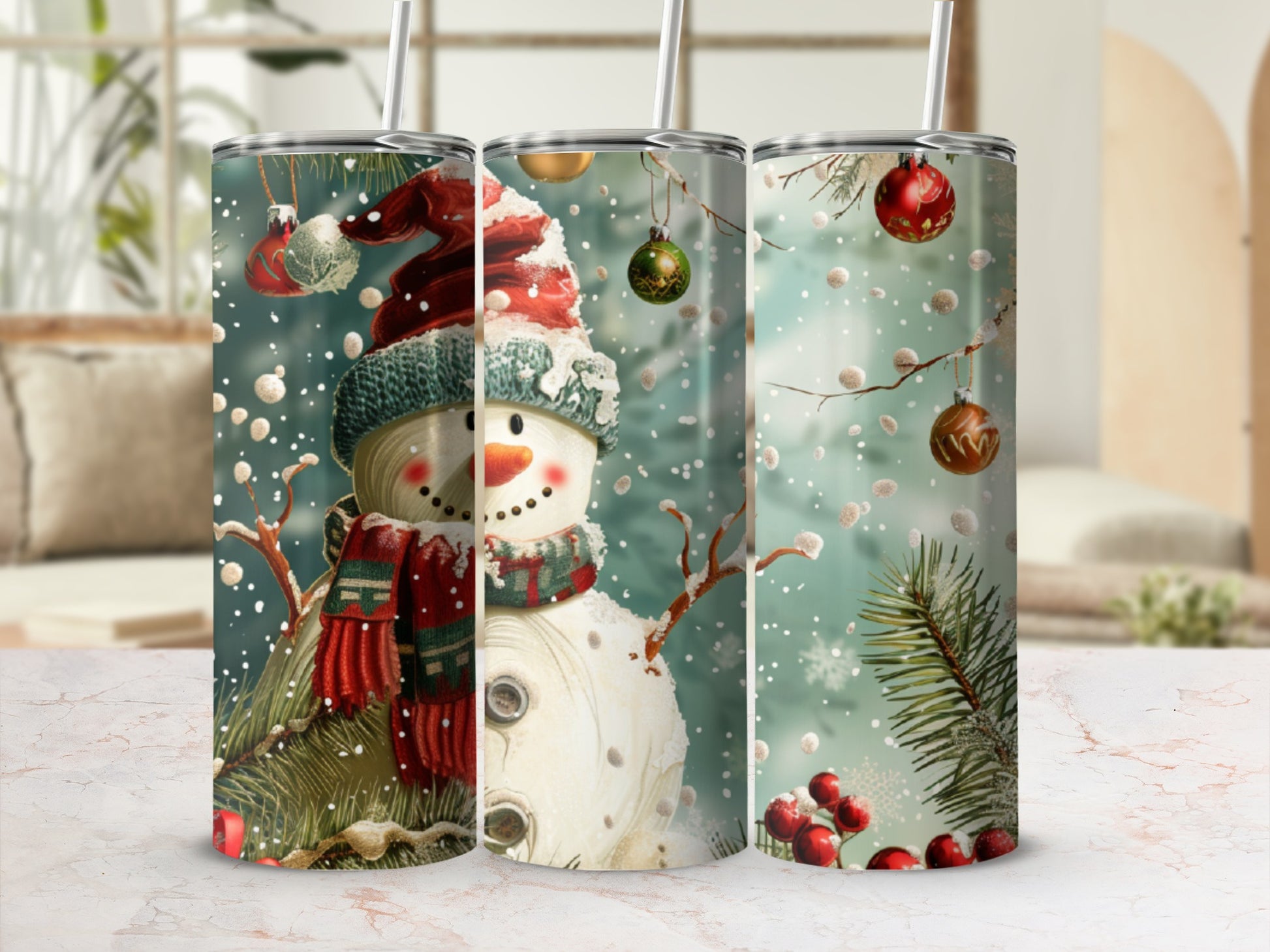 Christmas snowman tumbler with festive decorations and falling snow.