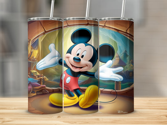 Mickey Mouse in red shorts and yellow shoes with outstretched arms.