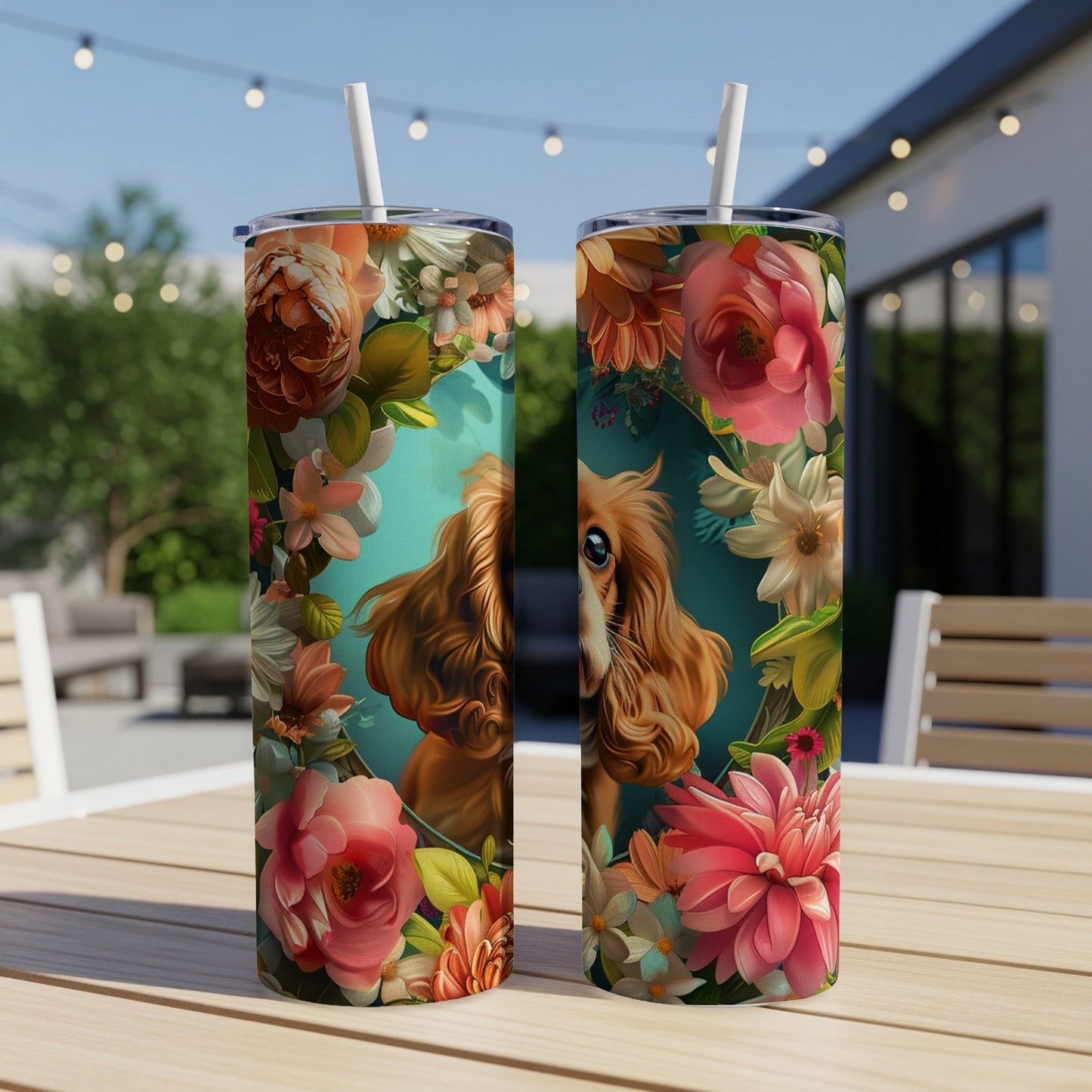 Two tumblers with a dog and floral design on a table.