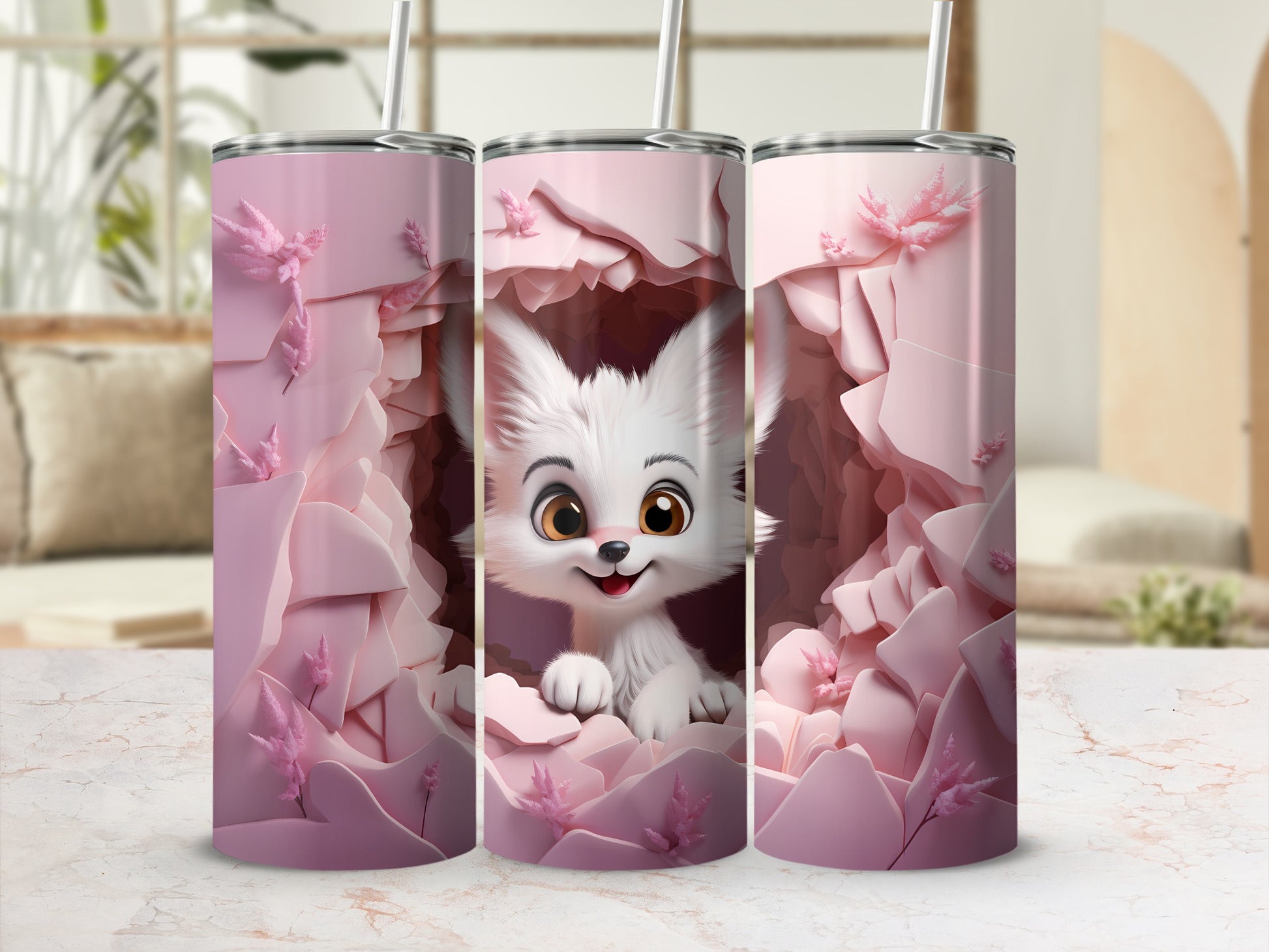 Cute Animated Fox in Pink Floral Background Tumbler