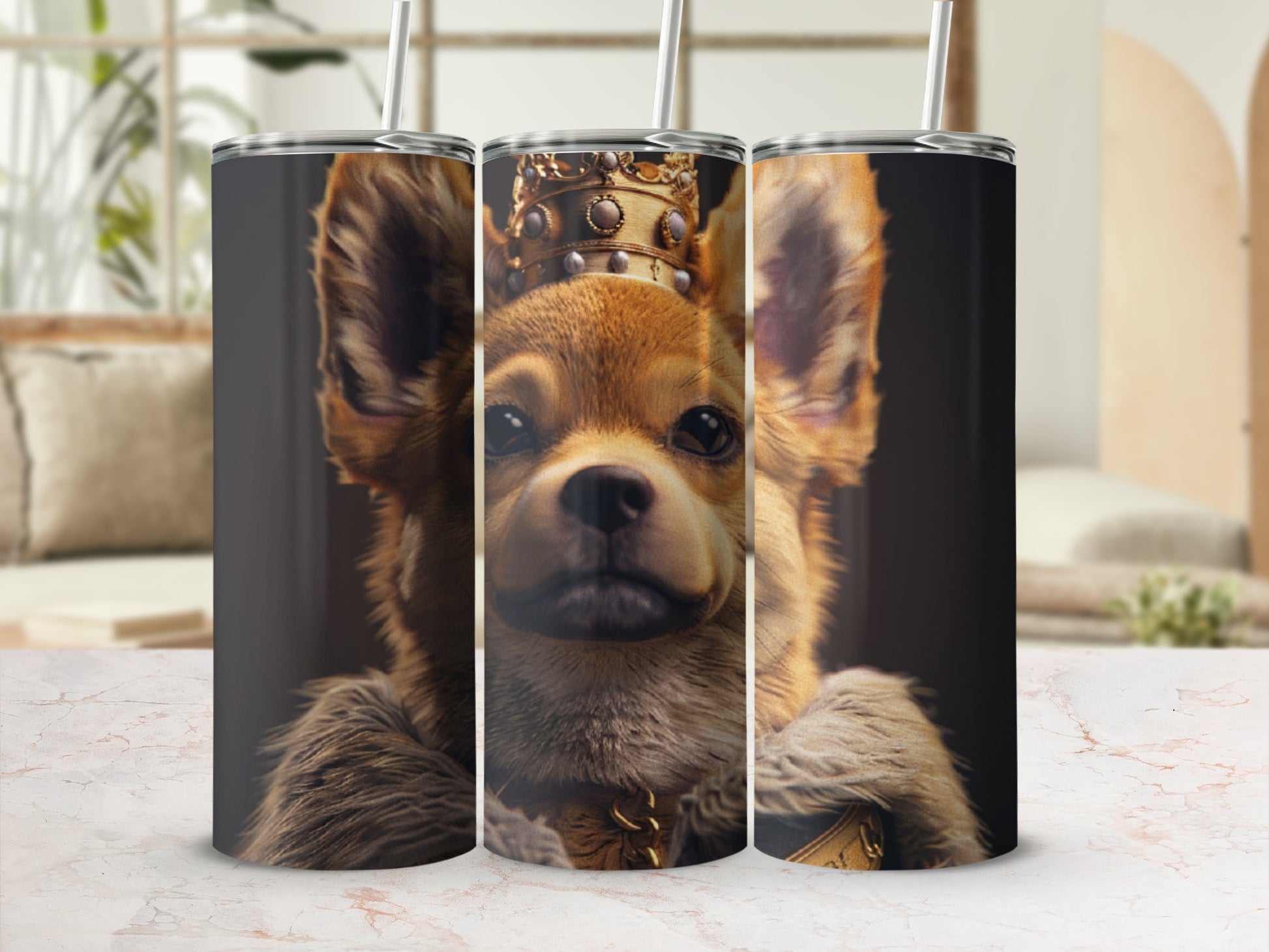 Chihuahua wearing a crown and fur-lined cape on a tumbler.