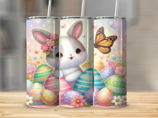 Easter bunny with colorful eggs and butterflies, watercolor style.