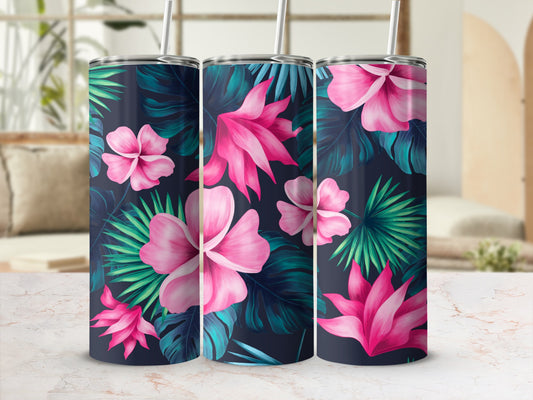 Three tumblers with pink hibiscus and palm leaves on dark background.