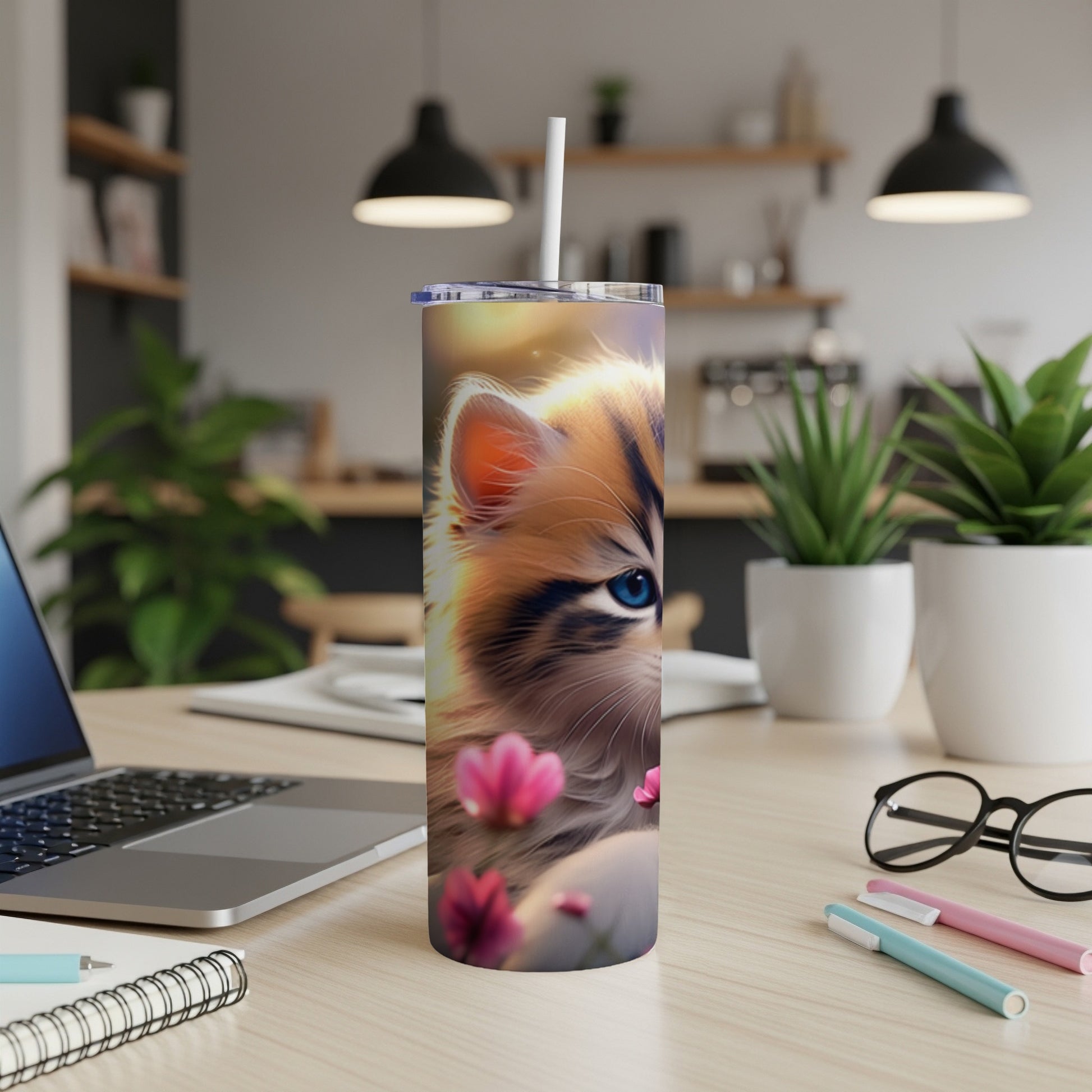 Close-up of a tabby kitten's face with blue eyes and pink flowers on a tumbler.
