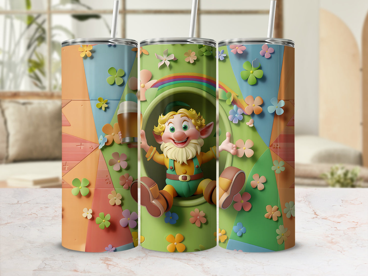 Three tumblers with a cheerful gnome, flowers, and rainbow design.
