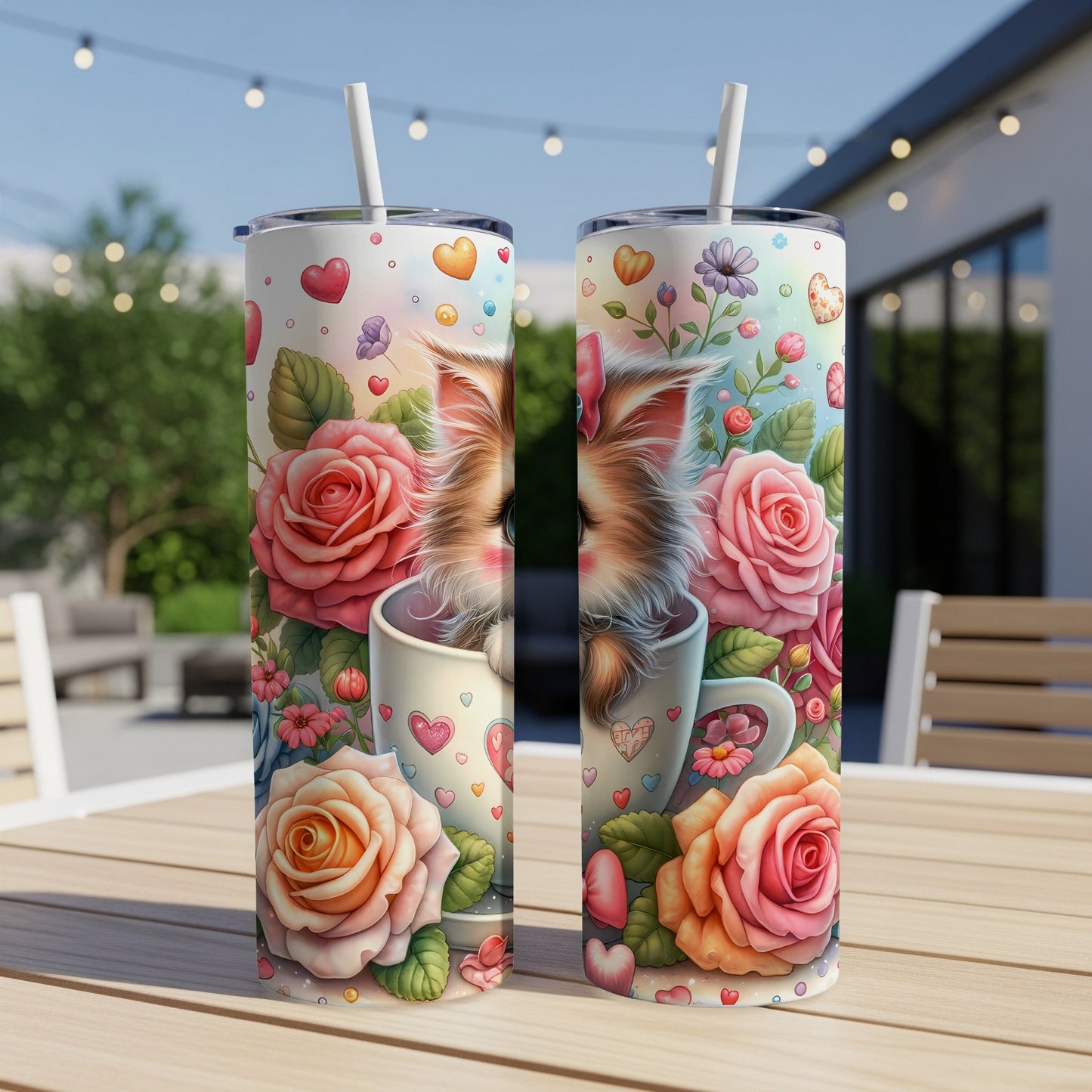 Two tumblers featuring a dog's face peeking from a coffee mug with roses and hearts.