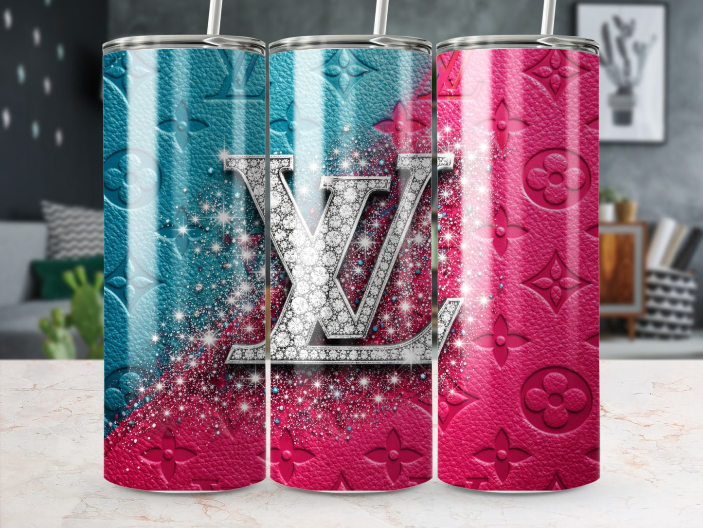 Sparkling Blue and Pink LV Inspired Tumbler Product