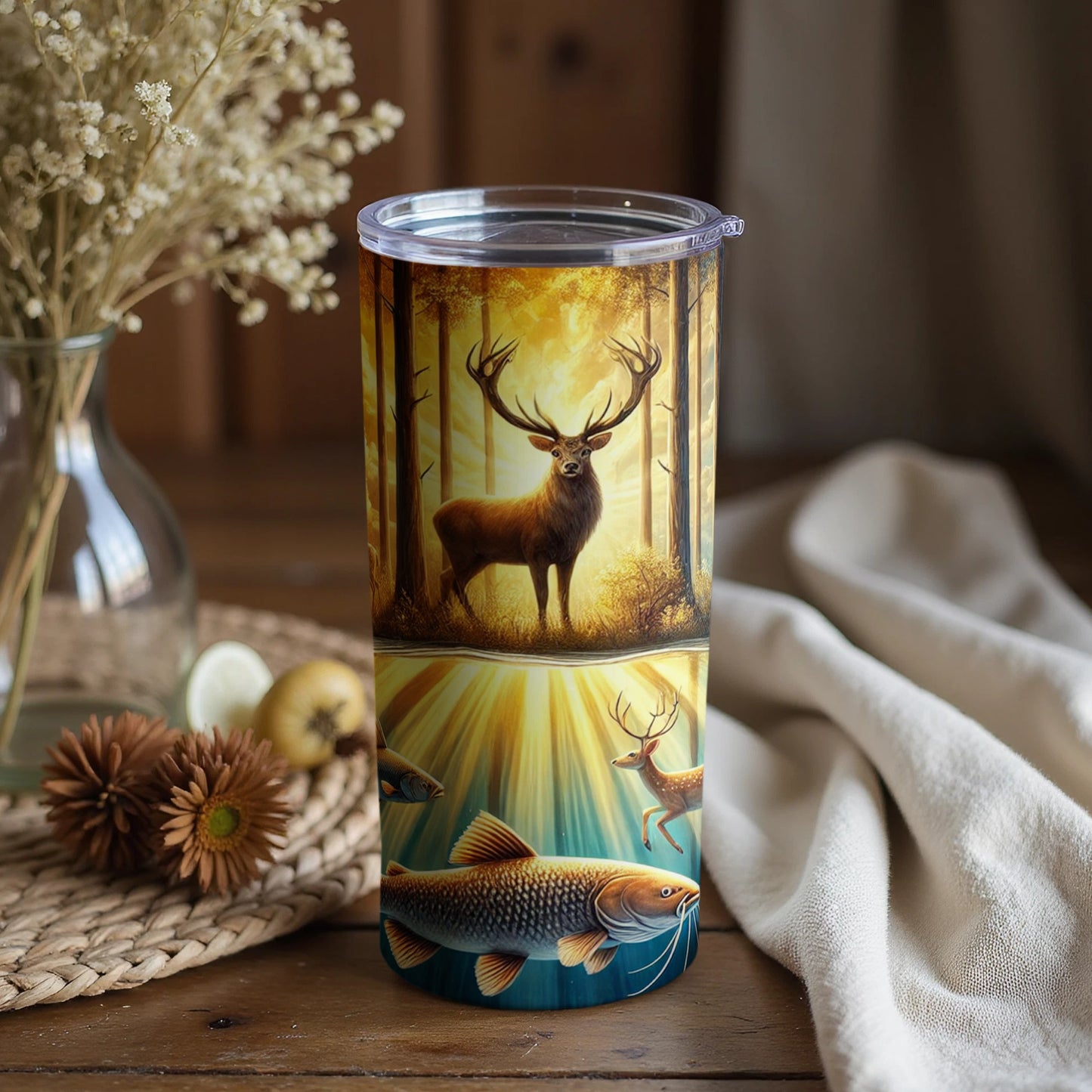 Majestic Deer and Fish Nature Scene Tumbler Cup
