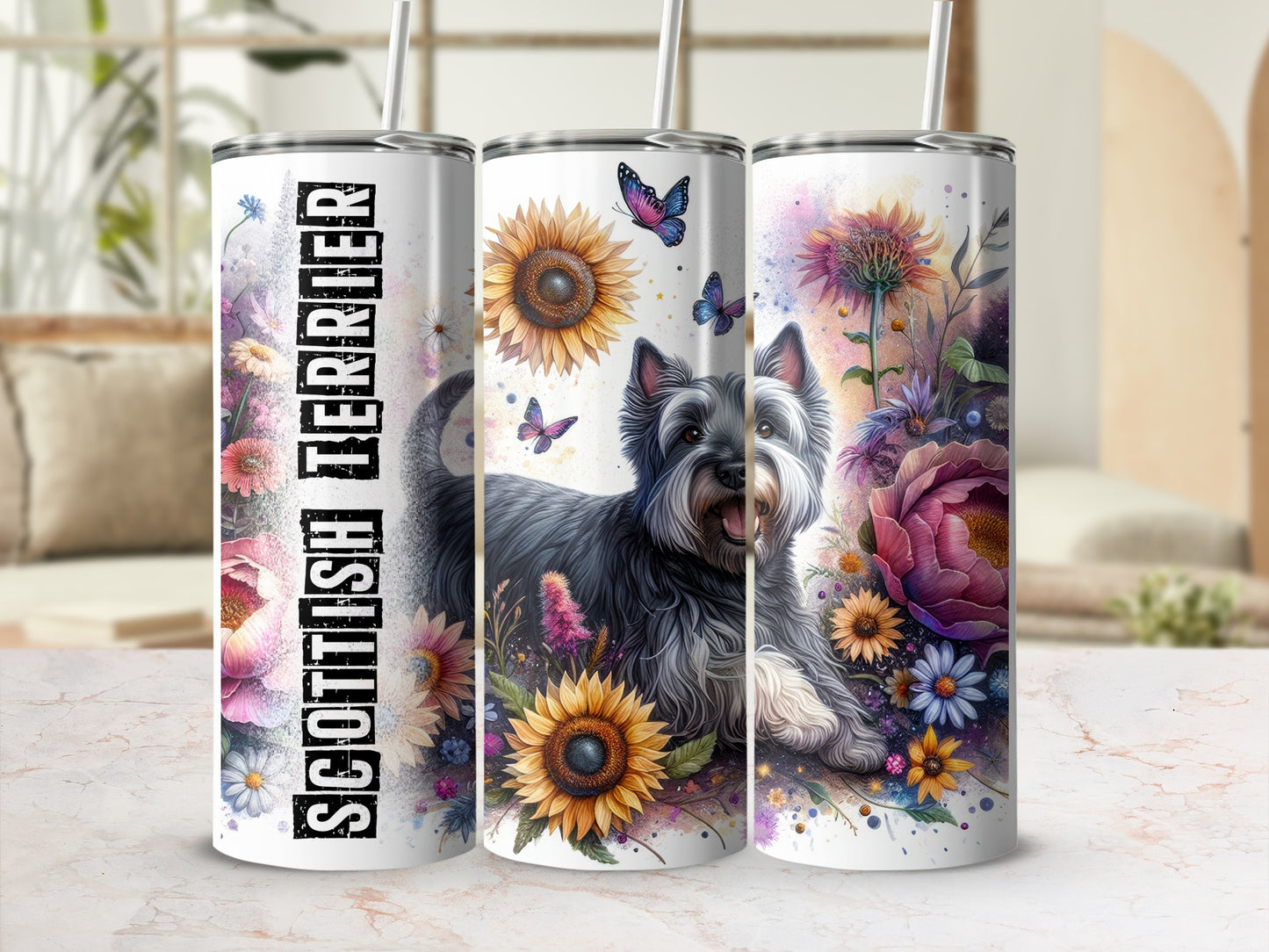 Scottish Terrier art on a white tumbler with sunflowers and butterflies.