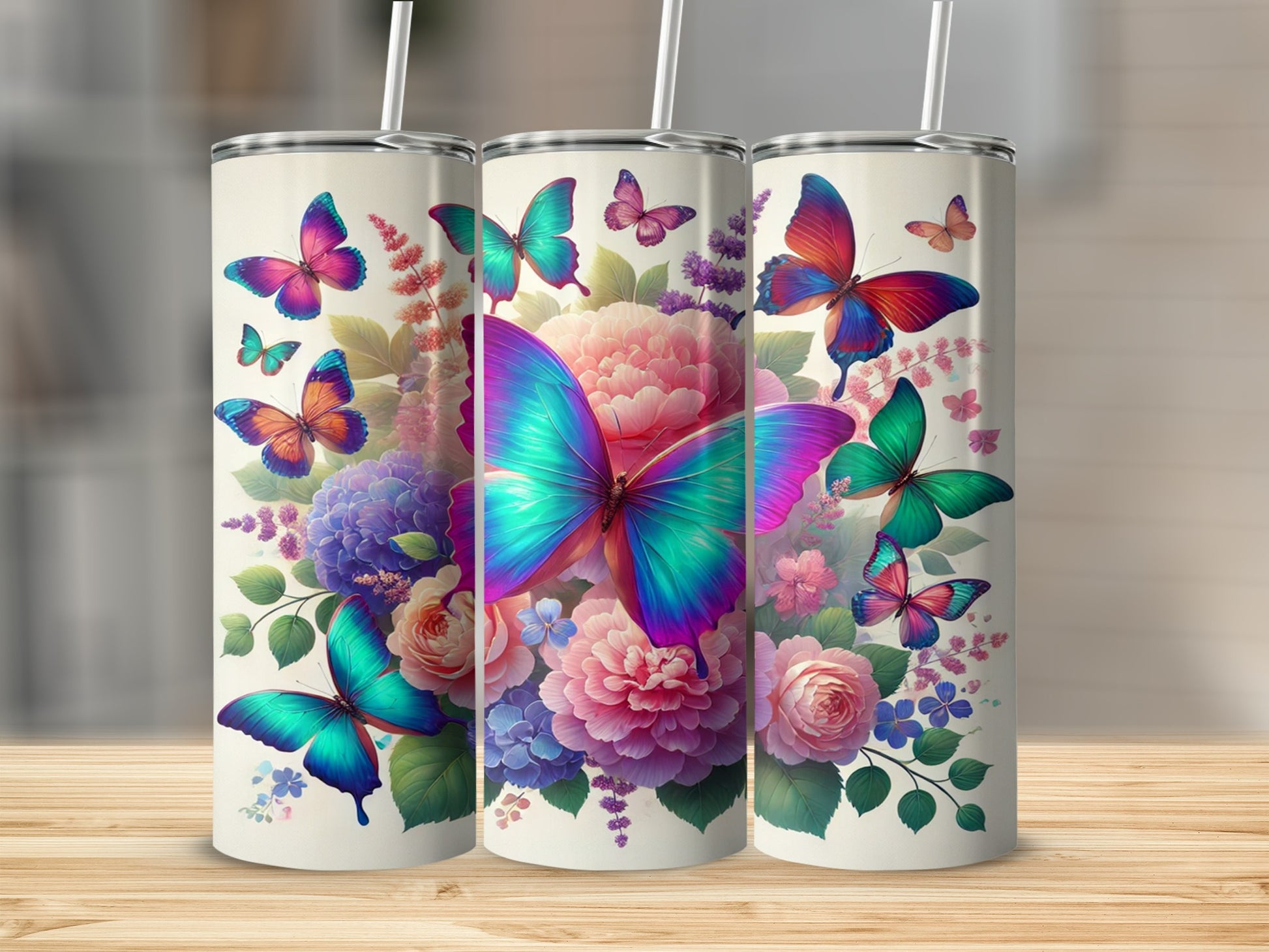 Colorful Butterflies and Flowers Print Tumbler