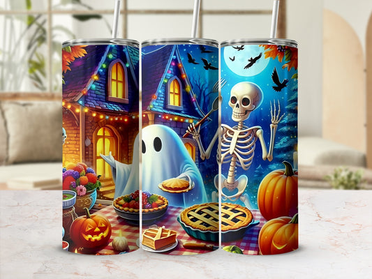 Halloween tumblers with ghost, skeleton, pumpkins, pies, and haunted house graphics.