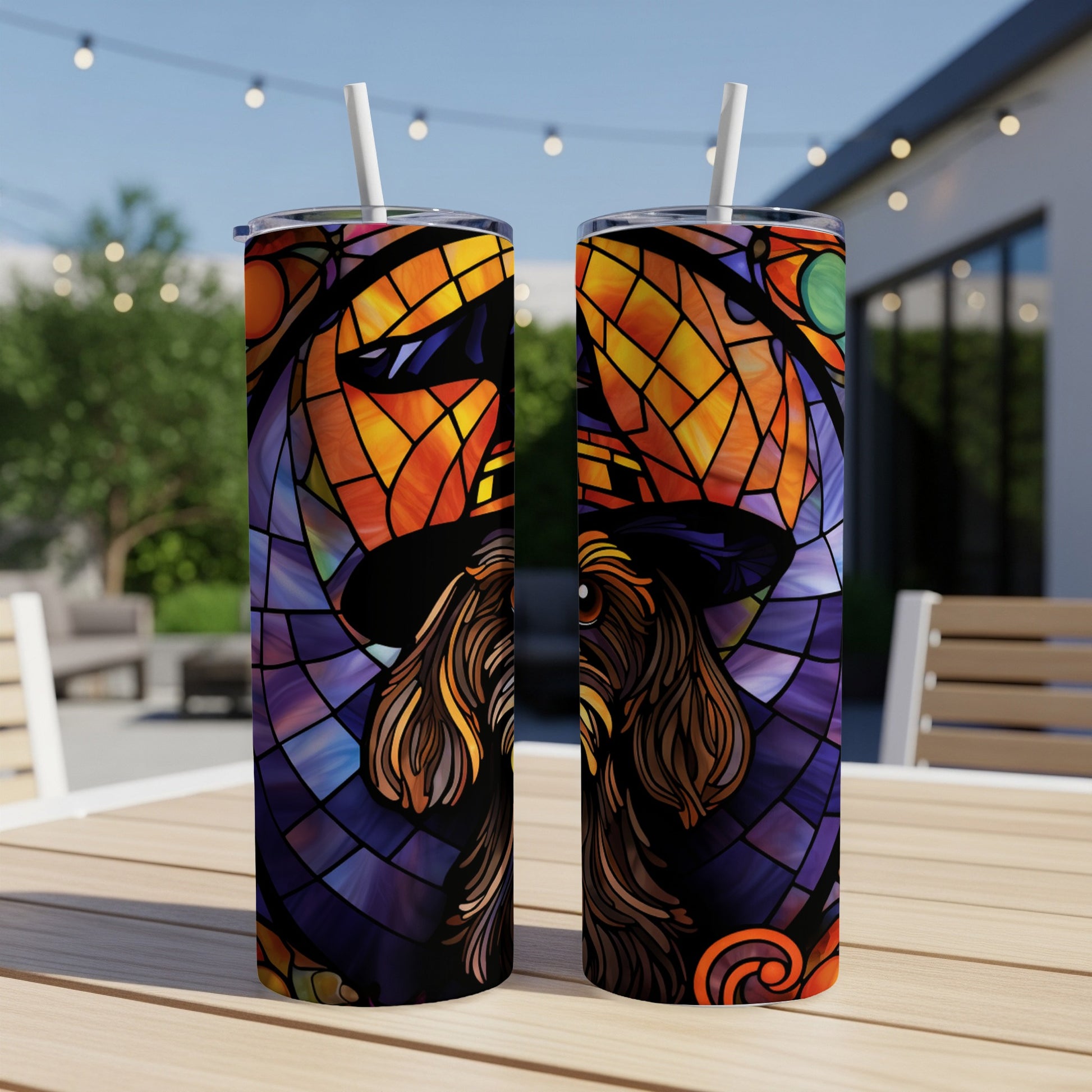 Two stained glass-style tumblers featuring a dog with a hat, outdoors.
