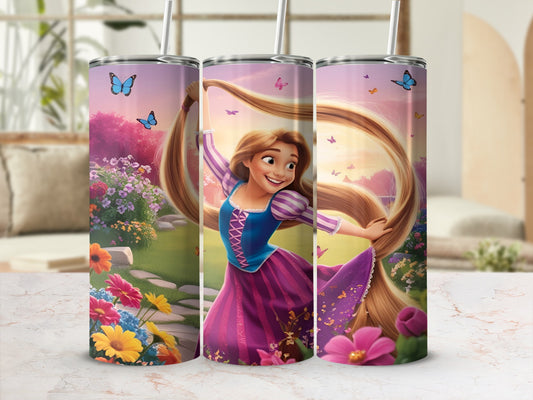 Rapunzel in a purple dress with butterflies and flowers on a tumbler.