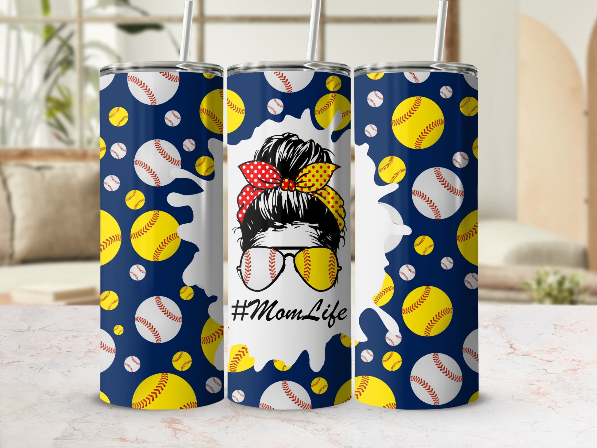 Tumbler with baseballs, messy bun, sunglasses, and "#MomLife" text.