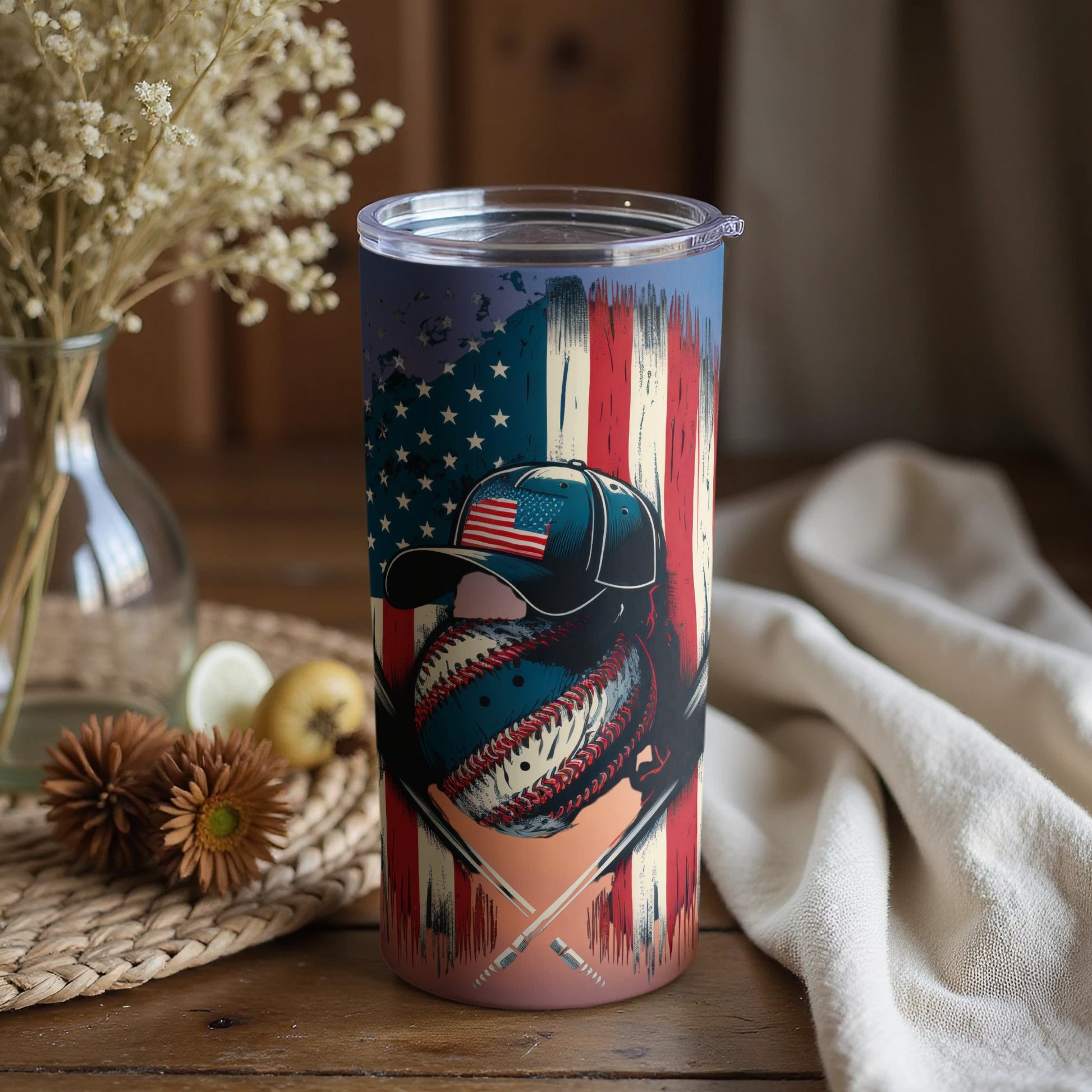 Patriotic Baseball and Hat Design Tumbler with Flag Artwork