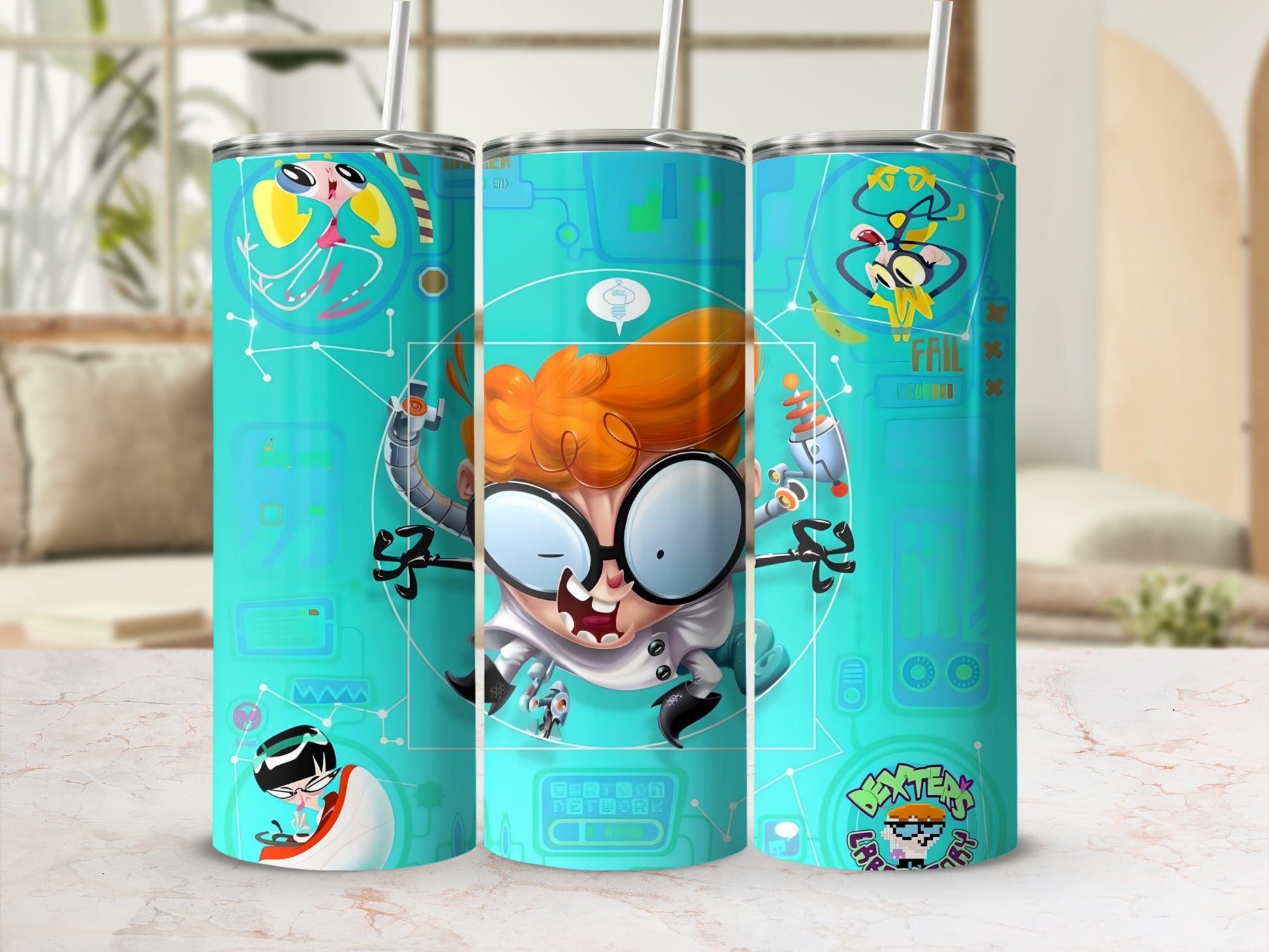 Cartoon Scientist Design on Turquoise Drink Tumbler