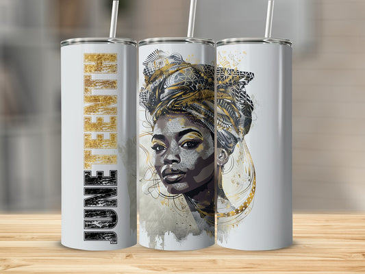 Juneteenth tumbler with a woman wearing a headwrap.