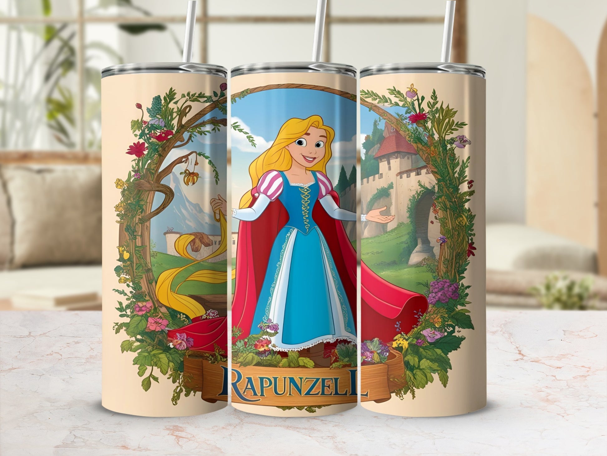 Rapunzel in blue dress with red cape, long blonde hair, surrounded by flowers and castle.