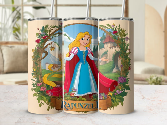 Rapunzel in blue dress with red cape, long blonde hair, surrounded by flowers and castle.