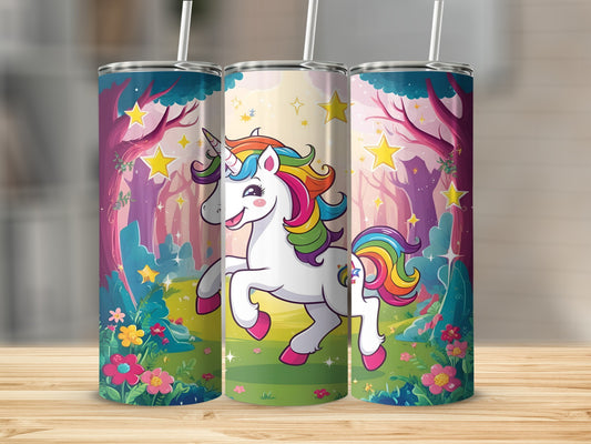 Three tumblers featuring a cartoon unicorn in a colorful forest.
