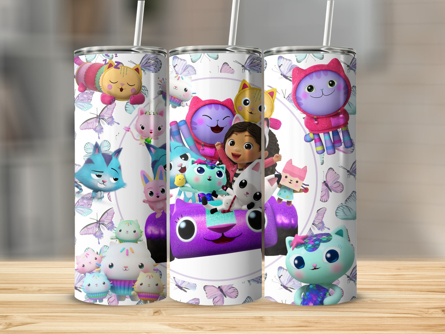 Colorful Cartoon Characters and Butterflies design tumbler