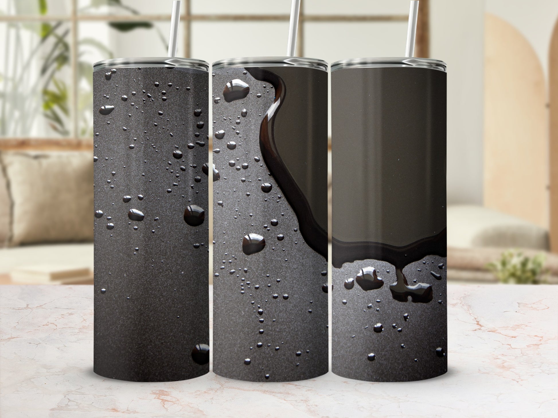 Three dark tumblers with water droplets and oil spill effect.