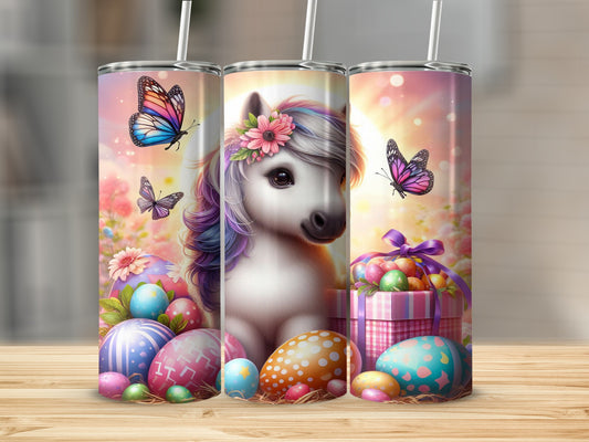 Unicorn with Easter eggs and butterflies, presented as a tumbler.