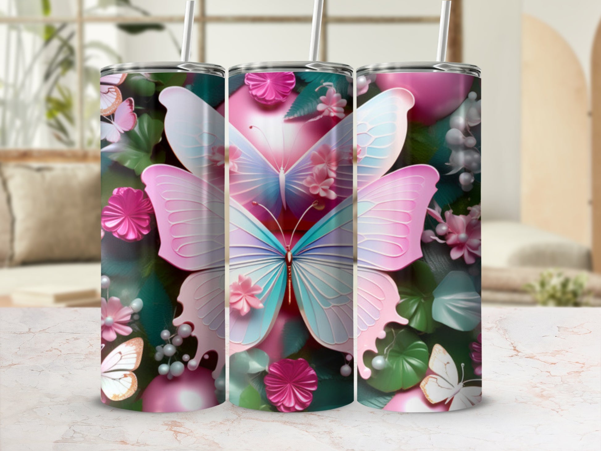 Pink and blue butterfly tumbler with floral accents and leaves.