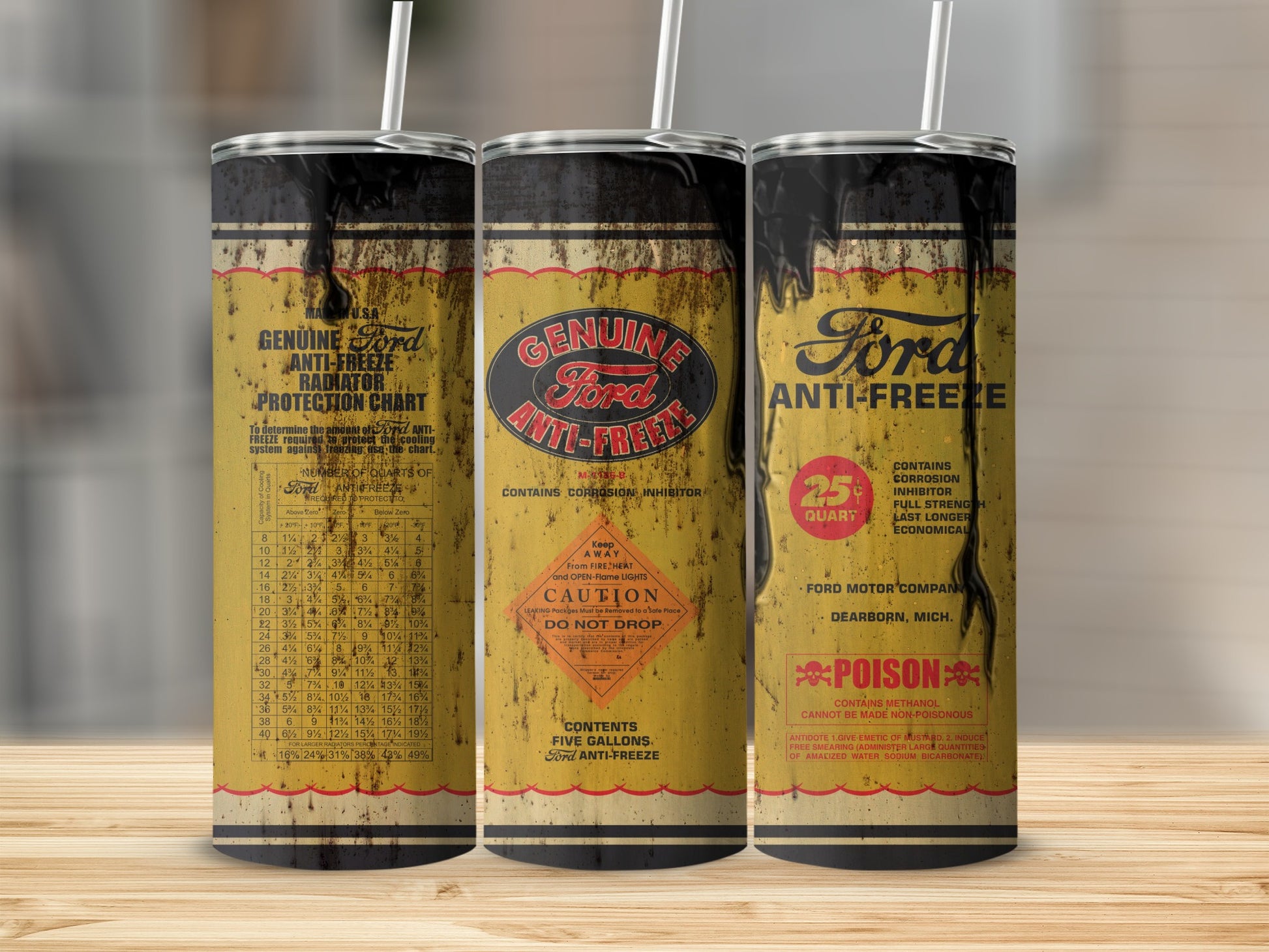 Ford Anti-Freeze tumbler with vintage radiator protection chart and caution labels.