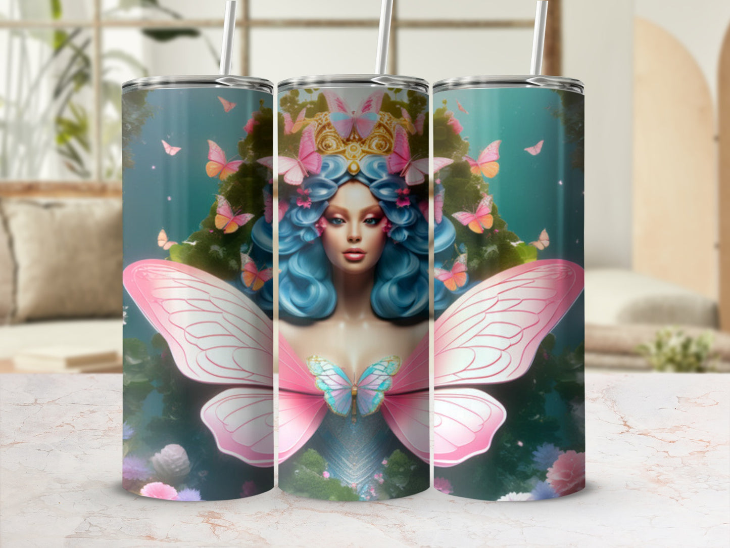 Fairy woman with butterfly wings and crown, surrounded by butterflies and foliage.