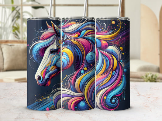 Colorful abstract horse design on three dark tumblers.