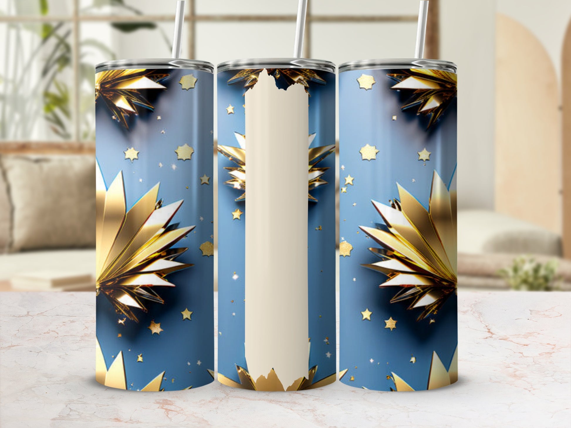Blue tumbler with gold starbursts and stars pattern, straw visible.
