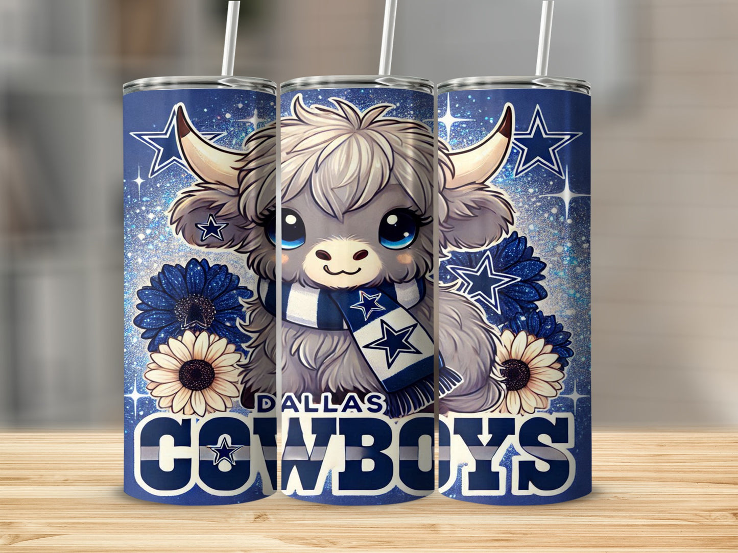 Dallas Cowboys tumbler with cute bull character and blue stars.