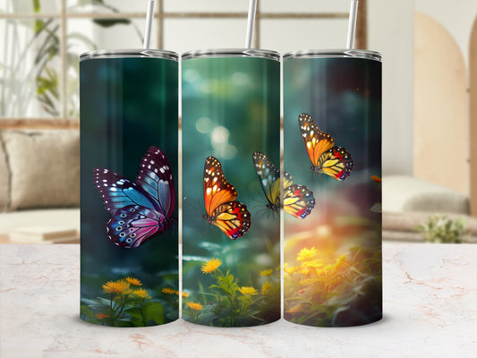 Three tumblers with colorful butterflies and floral designs.