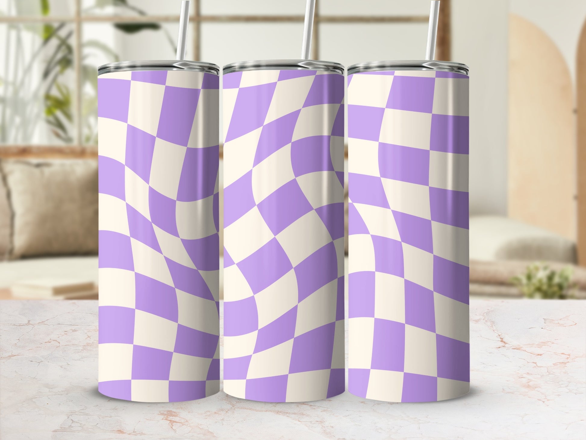 Two tall tumblers with a warped checkerboard pattern of purple and white.
