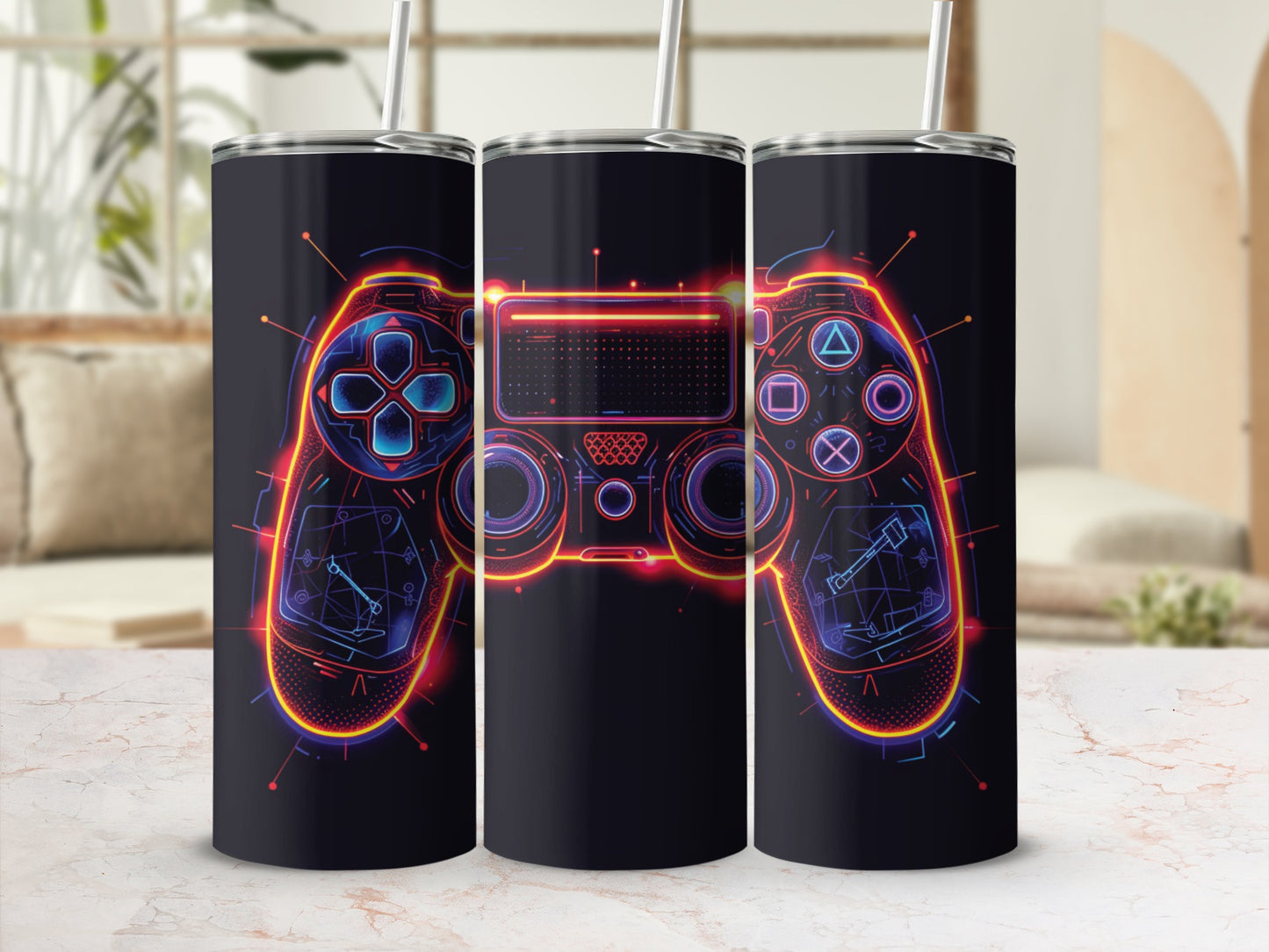Gaming controller design on a black tumbler with straws.